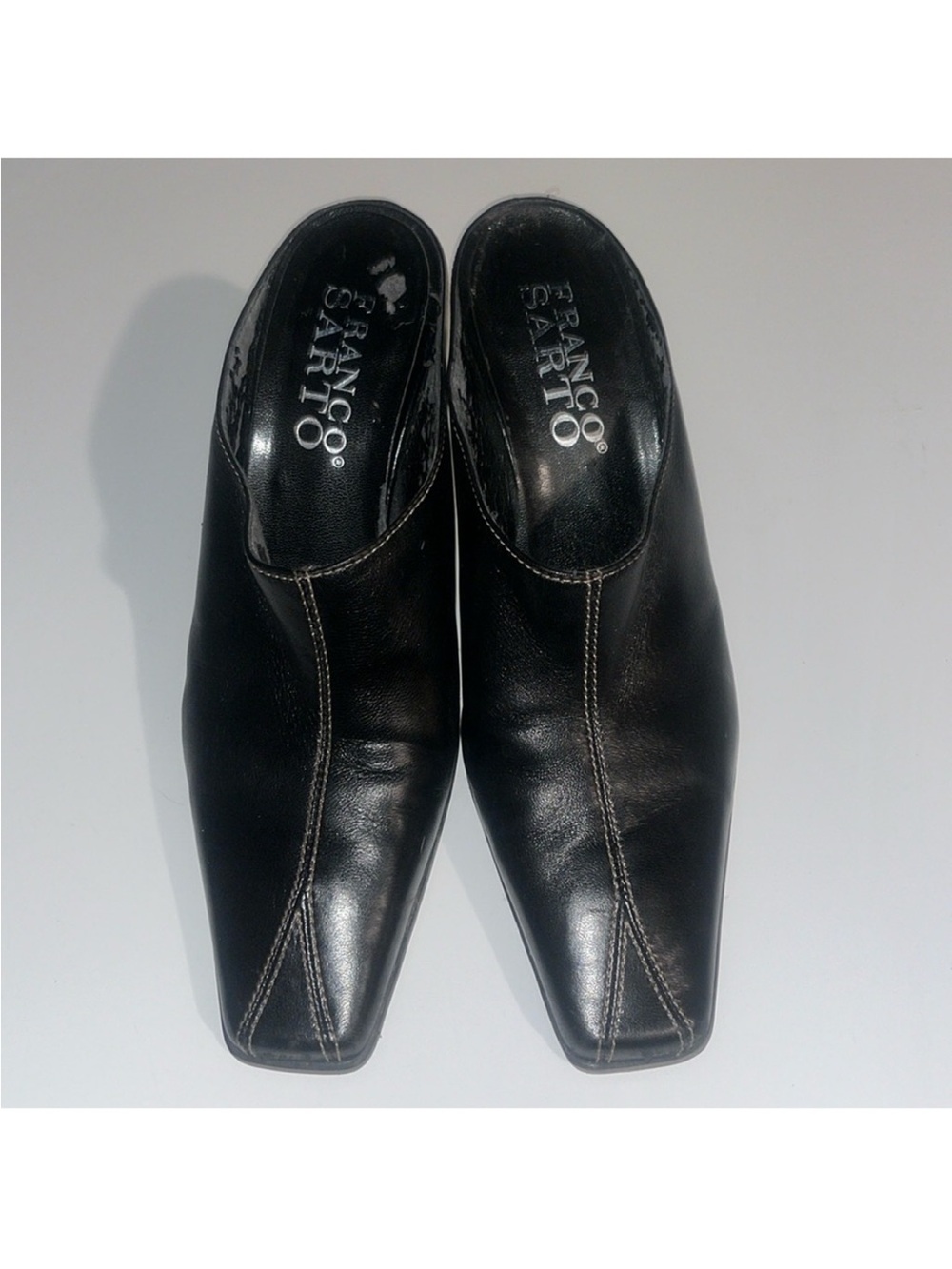 Franco Sarto Black Leather Square-Toe Slip-On Heels Size 7